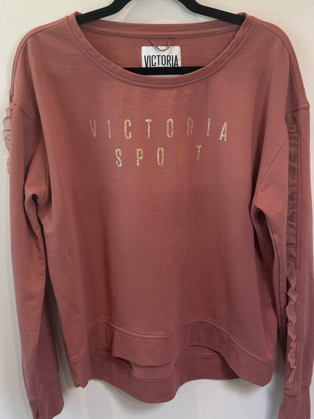 Victoria Sport Mauve Ruffle Sleeve Sweatshirt Gold Logo Large Thumbholes
